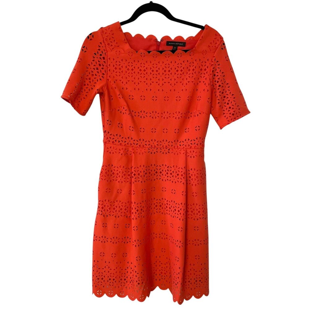 Banana Republic Orange Eyelet Fit and Flare Dress 4P 4 Petite Laser Cut Women's